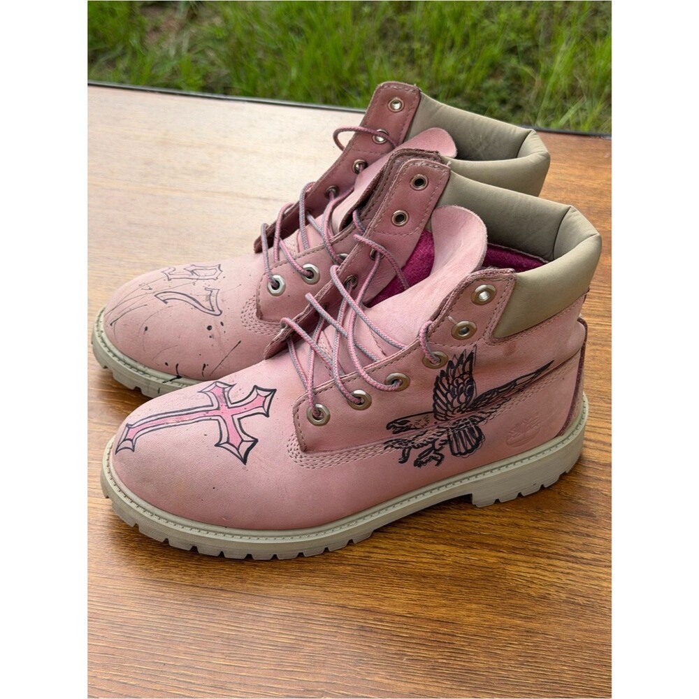 Timberland Pink 6 Inch Boots Girls US 6.5 Custom Art Leather Lace Up